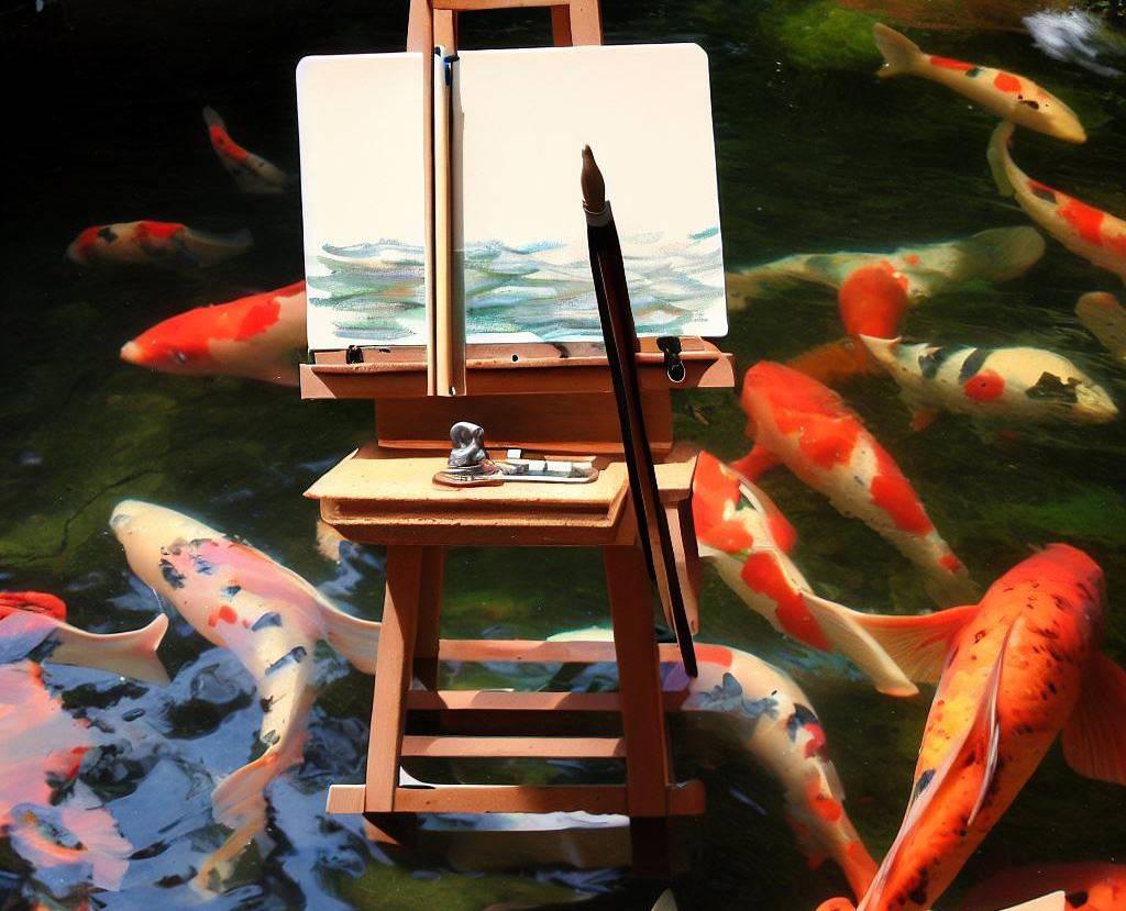 An art easel in a koi pond.